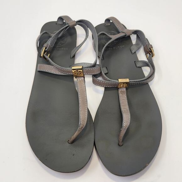 Tory Burch Women Gray Leather T Strap Thong Sandal Size 7.5M Gold Tone Logo - Picture 2 of 10